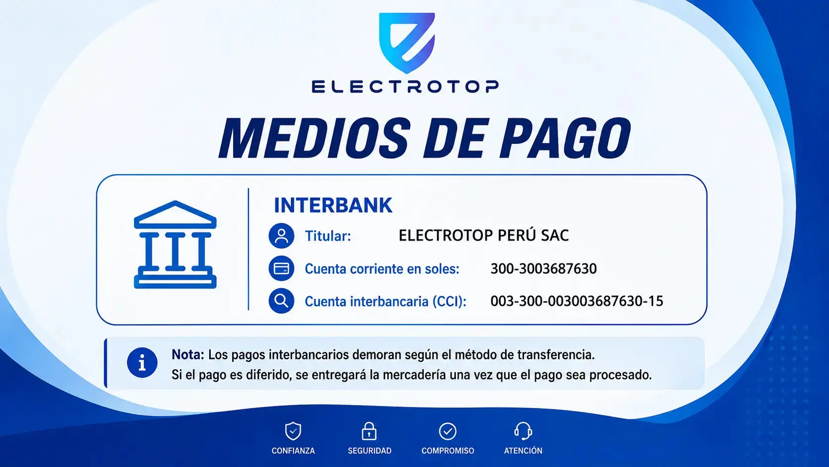 Referencia de medios de pago de Electrotop Peru